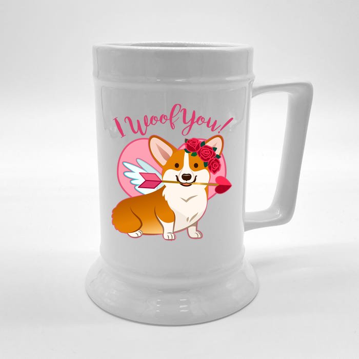 Funny Cute Corgi Valentine I Woof You Front & Back Beer Stein