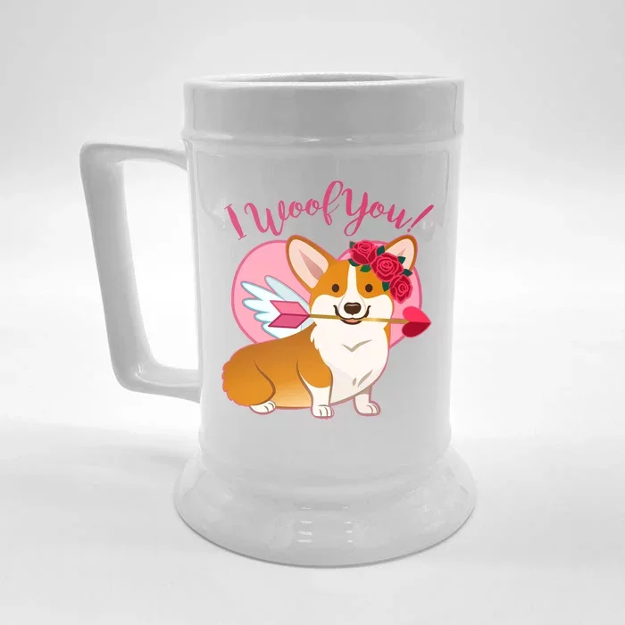 Funny Cute Corgi Valentine I Woof You Front & Back Beer Stein