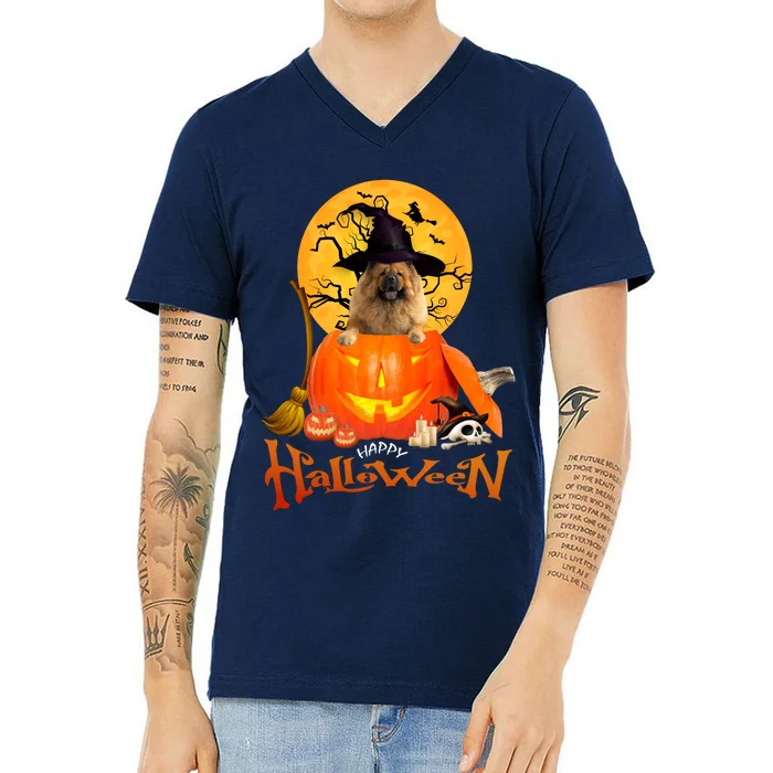 Funny Chow Chow Dog Spooky Halloween V-Neck T-Shirt