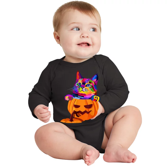 Funny Cute Colorful Cat Halloween Costume Pumpkin Baby Long Sleeve Bodysuit