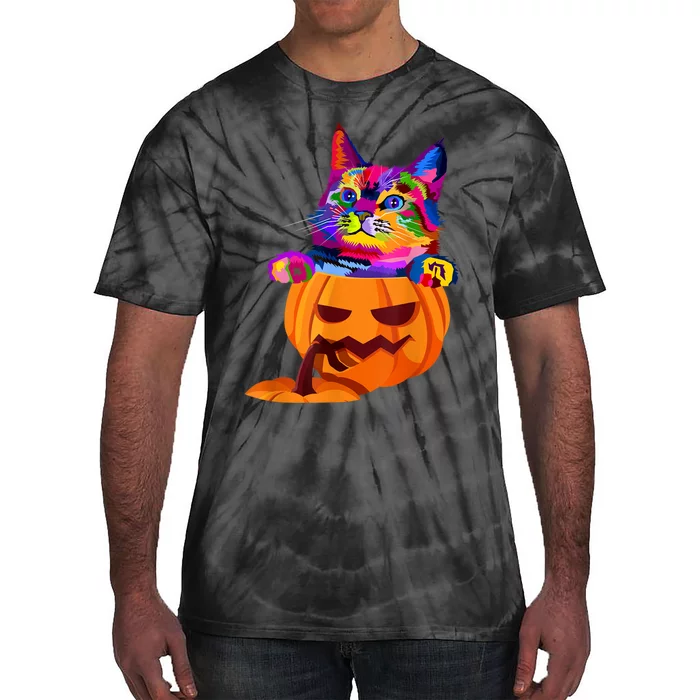 Funny Cute Colorful Cat Halloween Costume Pumpkin Tie-Dye T-Shirt