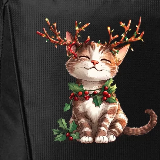 Funny Cute Cat Wear Reindeer Antlers Christmas Tree Lights Gift City Backpack