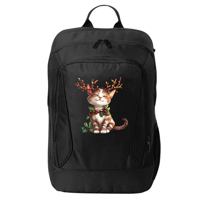 Funny Cute Cat Wear Reindeer Antlers Christmas Tree Lights Gift City Backpack