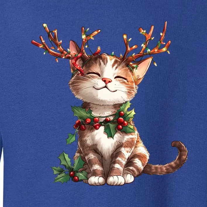 Funny Cute Cat Wear Reindeer Antlers Christmas Tree Lights Gift Toddler Sweatshirt