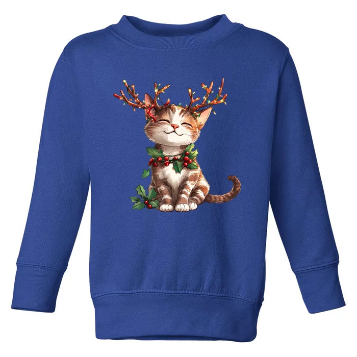 Funny Cute Cat Wear Reindeer Antlers Christmas Tree Lights Gift Toddler Sweatshirt