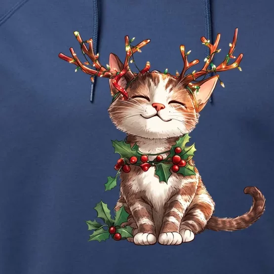 Funny Cute Cat Wear Reindeer Antlers Christmas Tree Lights Gift Performance Fleece Hoodie