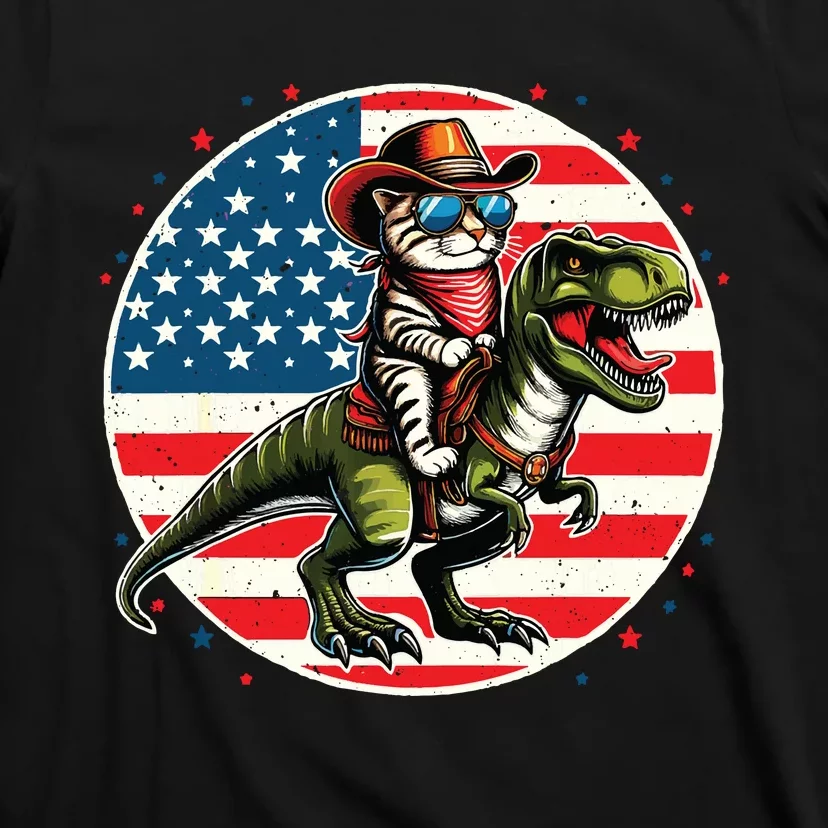 Funny Cowboy Cat Riding Dinosaur Usa Flag Trex 4th Of July T-Shirt