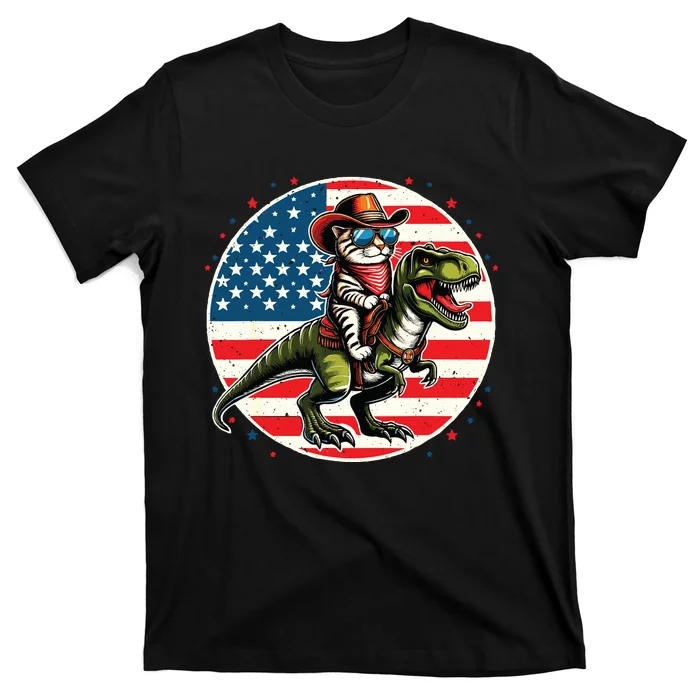 Funny Cowboy Cat Riding Dinosaur Usa Flag Trex 4th Of July T-Shirt