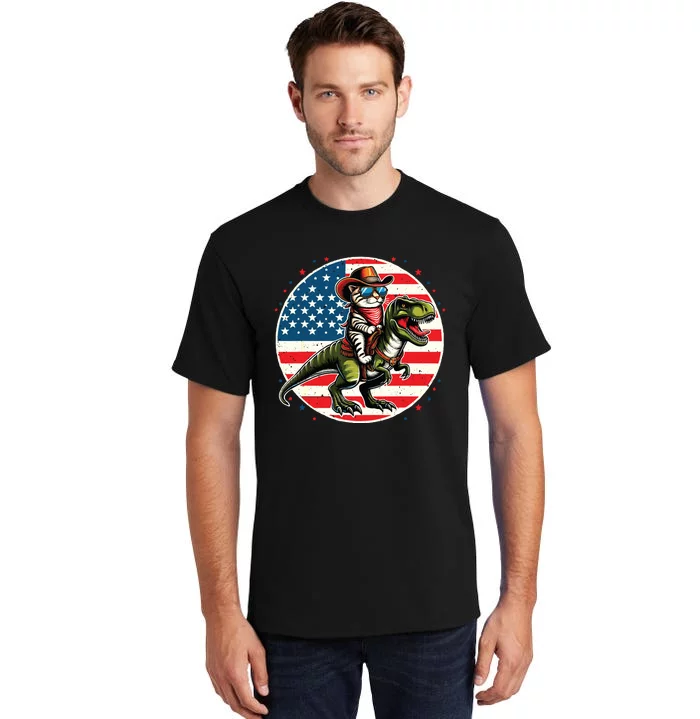 Funny Cowboy Cat Riding Dinosaur Usa Flag Trex 4th Of July Tall T-Shirt