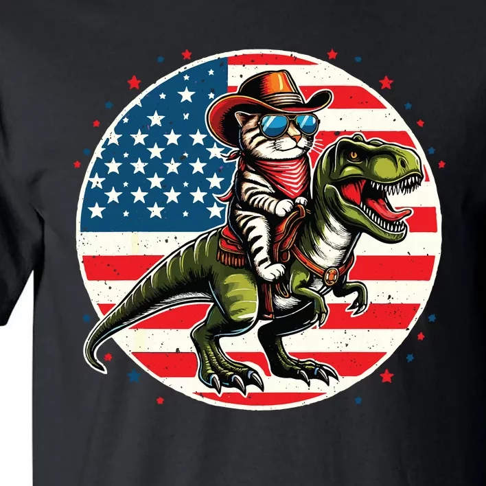 Funny Cowboy Cat Riding Dinosaur Usa Flag Trex 4th Of July Tall T-Shirt