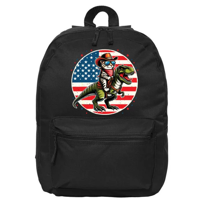 Funny Cowboy Cat Riding Dinosaur Usa Flag Trex 4th Of July 16 in Basic Backpack