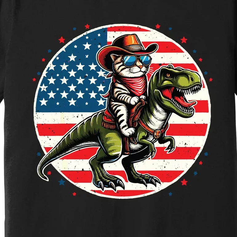 Funny Cowboy Cat Riding Dinosaur Usa Flag Trex 4th Of July Premium T-Shirt