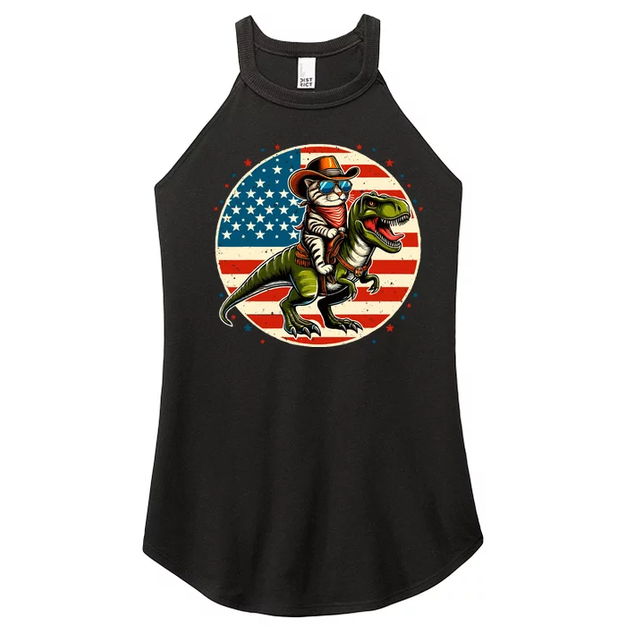 Funny Cowboy Cat Riding Dinosaur Usa Flag Trex 4th Of July Women’s Perfect Tri Rocker Tank