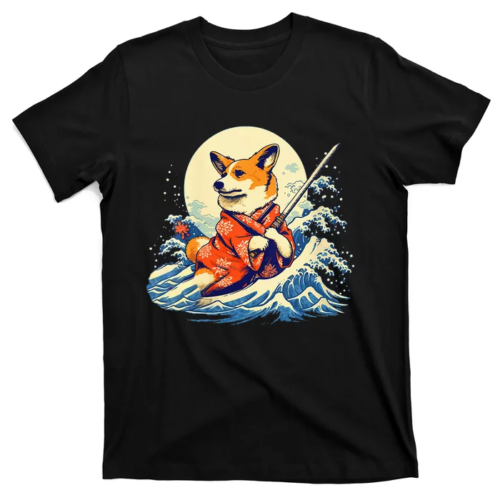 Funny Corgi Dog Japanese Grand Wave Ukiyoe Art Samurai Ninja T-Shirt