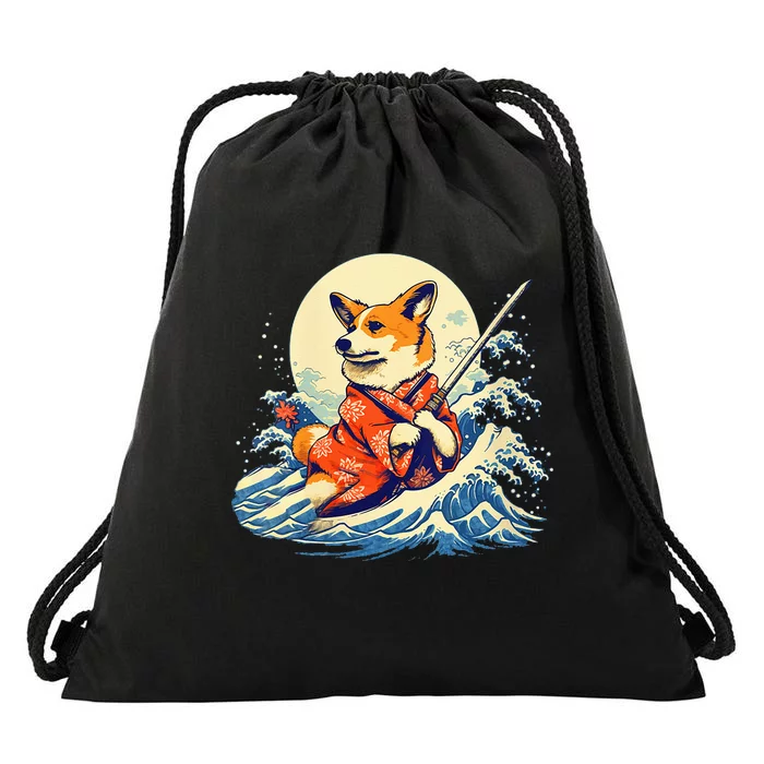 Funny Corgi Dog Japanese Grand Wave Ukiyoe Art Samurai Ninja Drawstring Bag