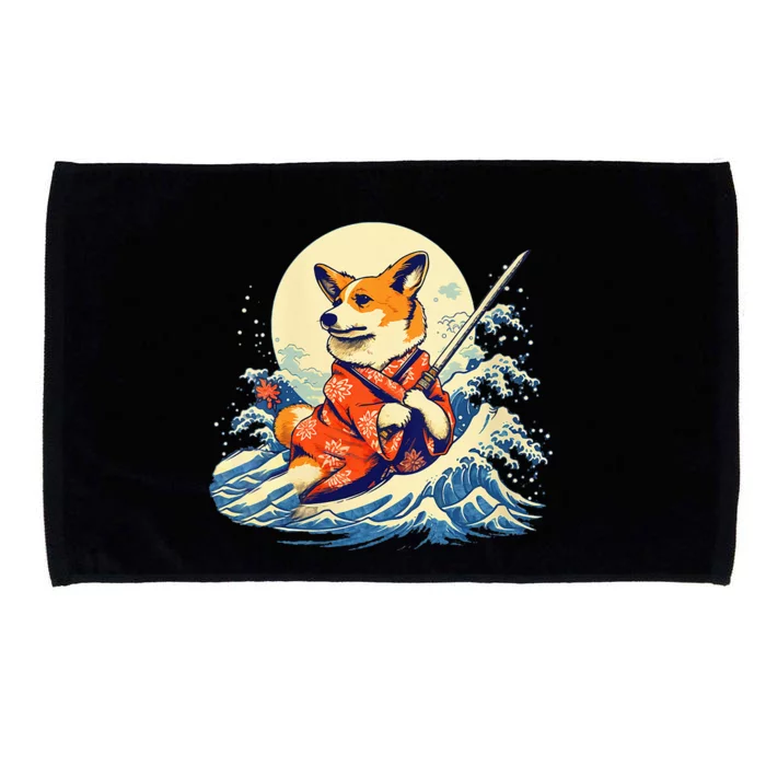 Funny Corgi Dog Japanese Grand Wave Ukiyoe Art Samurai Ninja Microfiber Hand Towel