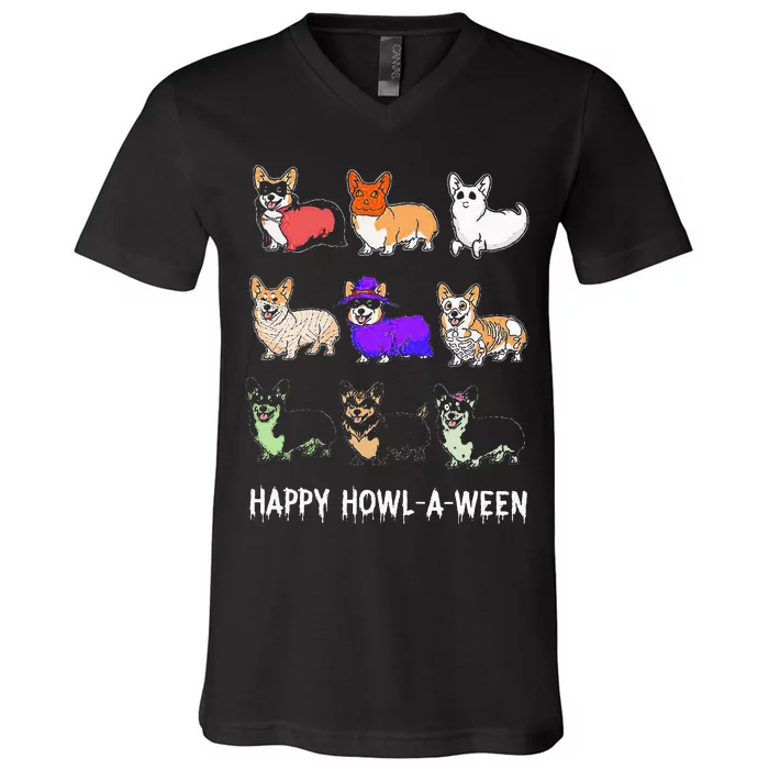 Funny Corgi Dog Halloween Happy Howloween V-Neck T-Shirt