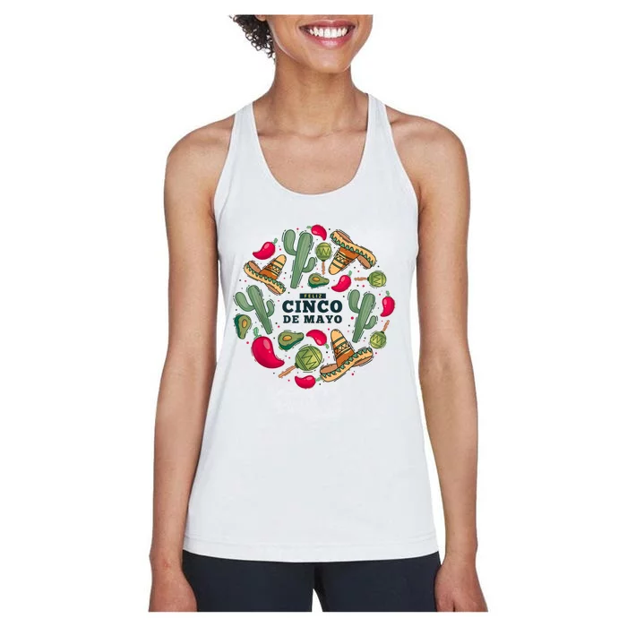 Feliz Cinco De Mayo Party, Mexican Holiday ,5 De Mayo Fiesta Women's Racerback Tank