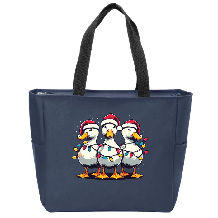 Funny Christmas Ducks Wearing Xmas Hat Light Duck Lover Farm Zip Tote Bag