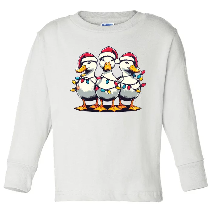 Funny Christmas Ducks Wearing Xmas Hat Light Duck Lover Farm Toddler Long Sleeve Shirt