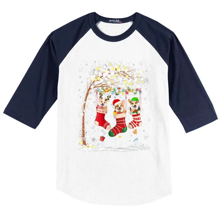 Funny Corgi Dog Tree Christmas Lights Xmas Pajama Meaningful Gift Baseball Sleeve Shirt