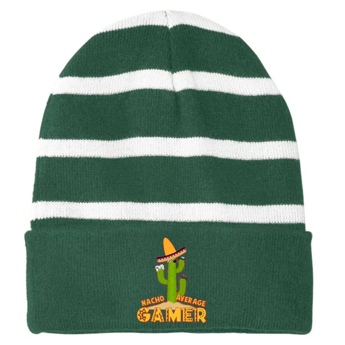 Funny Cinco De Mayo Nacho Average Gamer Cactus Gamer Striped Beanie with Solid Band