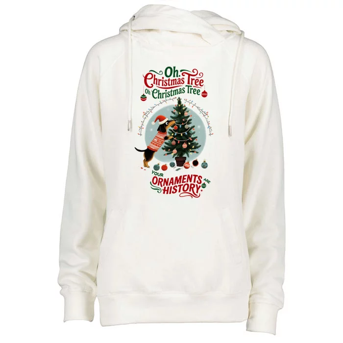 Funny Christmas Dachshund Ornaments And Tree Are History Womens Funnel Neck Pullover Hood