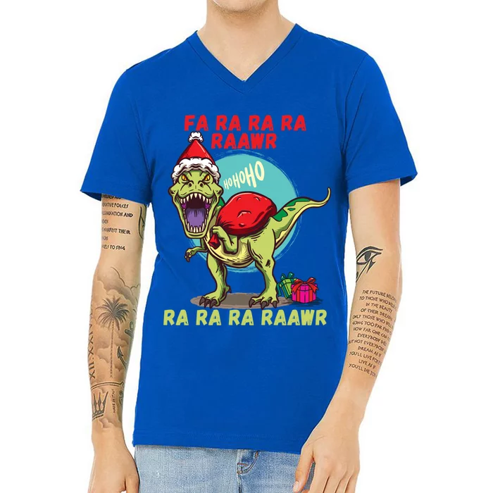 Funny Christmas Dinosaur Fa Ra Ra Rawr Tfunny Giftrex Carol Santa Hat Gift V-Neck T-Shirt