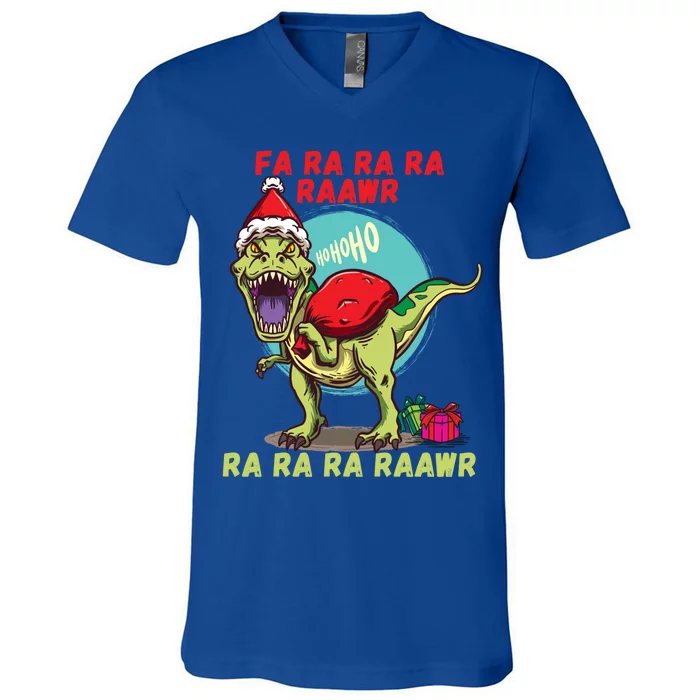 Funny Christmas Dinosaur Fa Ra Ra Rawr Tfunny Giftrex Carol Santa Hat Gift V-Neck T-Shirt