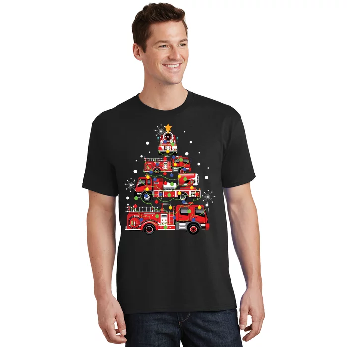 Funny Christmas Decor Firefighter Truck Christmas Tree T-Shirt