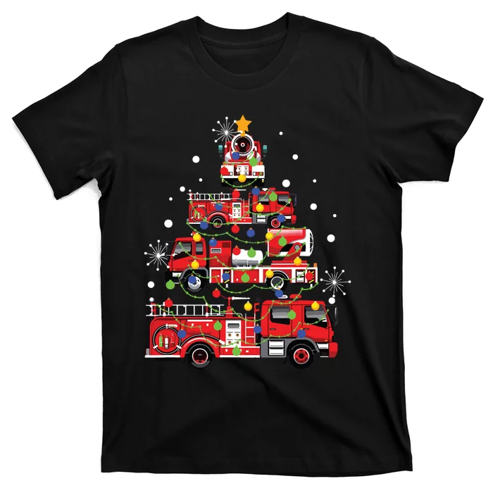 Funny Christmas Decor Firefighter Truck Christmas Tree T-Shirt