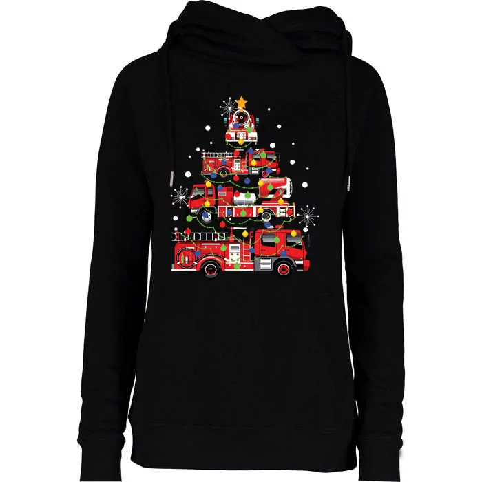 Funny Christmas Decor Firefighter Truck Christmas Tree Womens Funnel Neck Pullover Hood