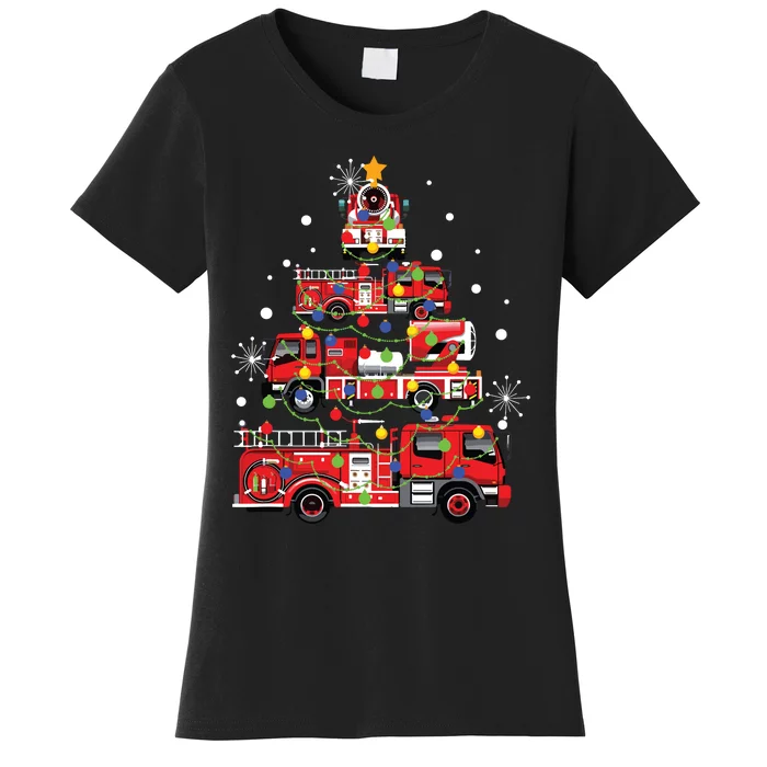 Funny Christmas Decor Firefighter Truck Christmas Tree Women's T-Shirt