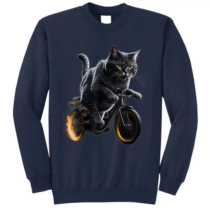 Funny Cat Drives Bicycle Cat Lover Graphic Cats Kitten Lover Tall Sweatshirt