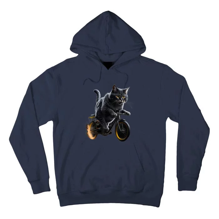 Funny Cat Drives Bicycle Cat Lover Graphic Cats Kitten Lover Tall Hoodie