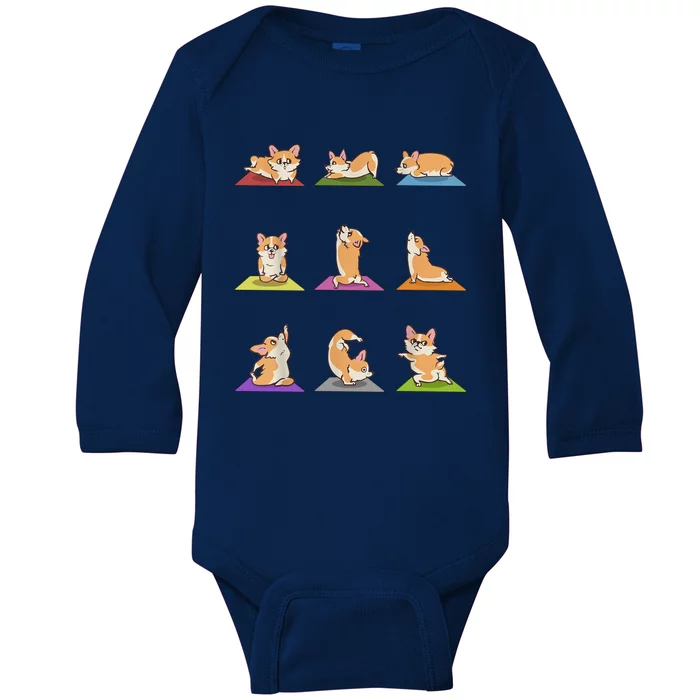 Funny Corgi Dogs Yoga Asana Poses Meditation Lovers Masters Gift Baby Long Sleeve Bodysuit