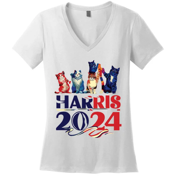 Funny Cat Design Kamala Harris 2024 Childless Cat Lady Women's V-Neck T-Shirt