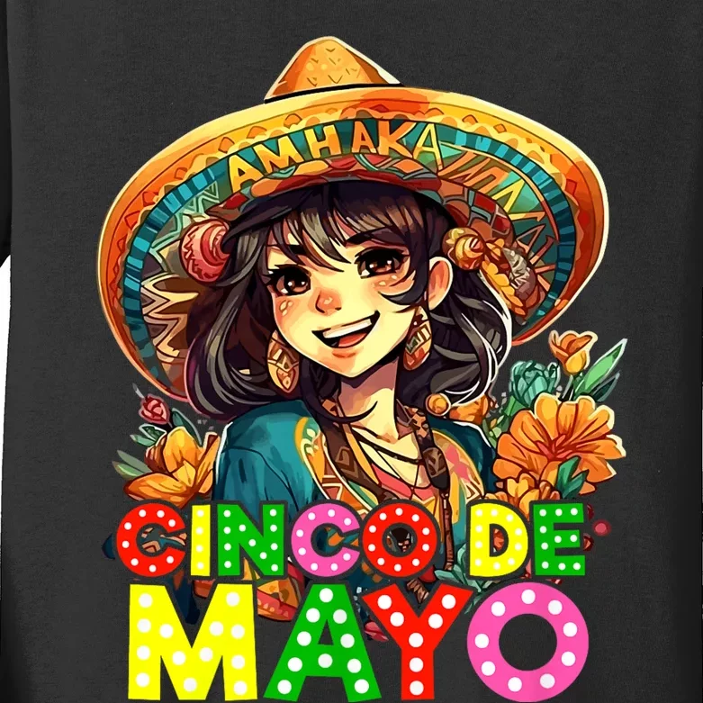 Funny Cinco De Mayo Mexican Fiesta 5 De Mayo Anime Girl Kids Long Sleeve Shirt