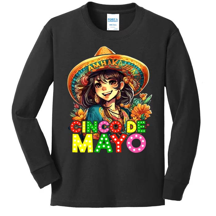 Funny Cinco De Mayo Mexican Fiesta 5 De Mayo Anime Girl Kids Long Sleeve Shirt