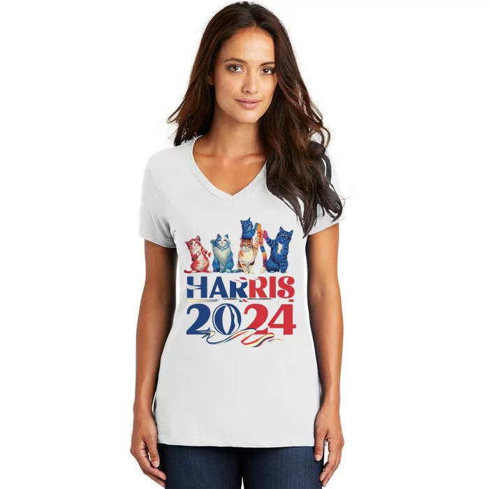 Funny Cat Design Kamala Harris 2024 Childless Cat Lady Women's V-Neck T-Shirt