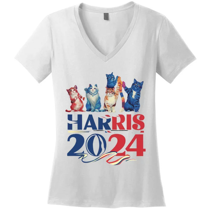 Funny Cat Design Kamala Harris 2024 Childless Cat Lady Women's V-Neck T-Shirt