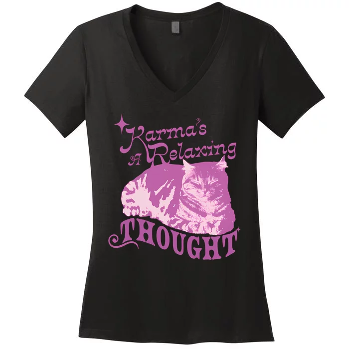 Funny Cat Design Karma Is A Relaxing Women's V-Neck T-Shirt