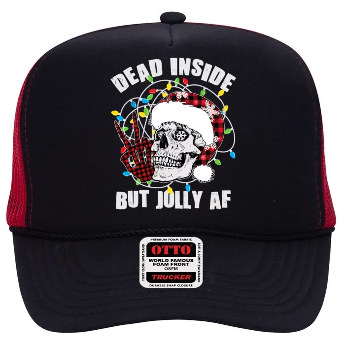 Funny Christmas Dead Inside But Jolly AF Peace Out Skull High Crown Mesh Trucker Hat