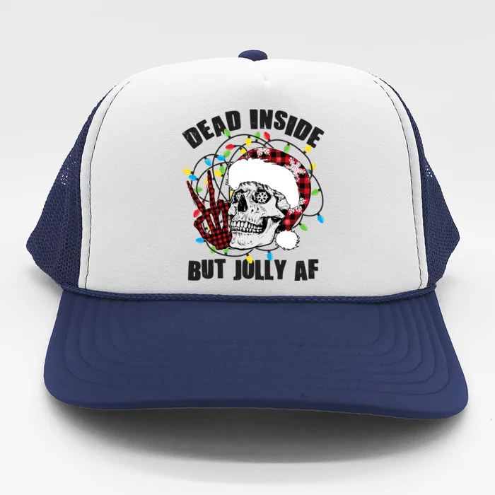 Funny Christmas Dead Inside But Jolly AF Peace Out Skull Trucker Hat