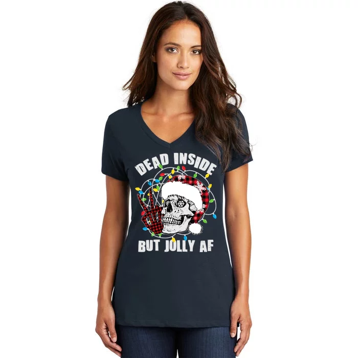 Funny Christmas Dead Inside But Jolly AF Peace Out Skull Women's V-Neck T-Shirt