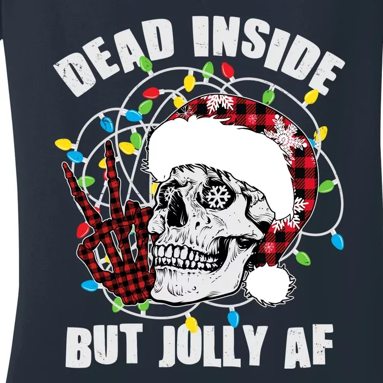 Funny Christmas Dead Inside But Jolly AF Peace Out Skull Women's V-Neck T-Shirt