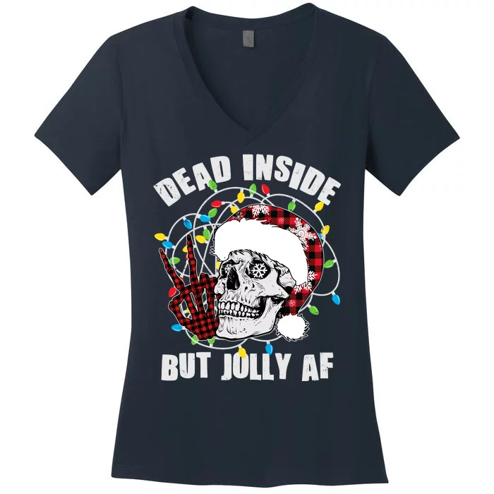 Funny Christmas Dead Inside But Jolly AF Peace Out Skull Women's V-Neck T-Shirt