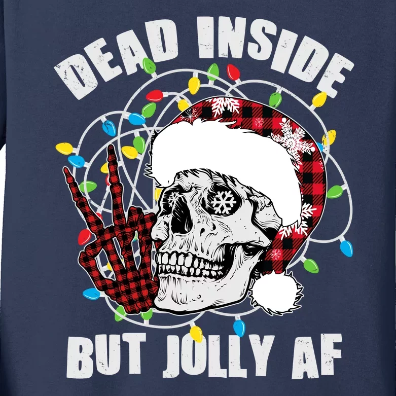 Funny Christmas Dead Inside But Jolly AF Peace Out Skull Kids Long Sleeve Shirt