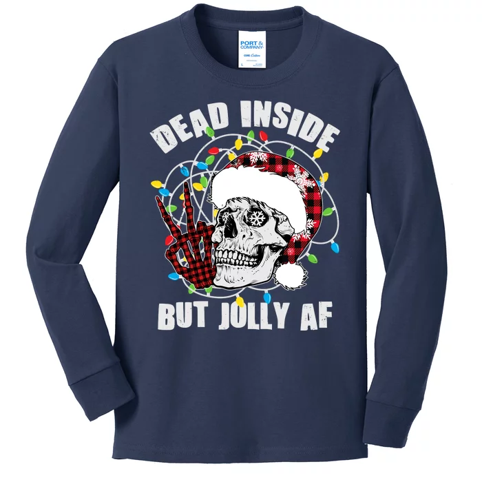 Funny Christmas Dead Inside But Jolly AF Peace Out Skull Kids Long Sleeve Shirt