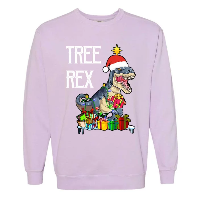 Funny Christmas Dinosaur Tcool Giftrex Tree Rex Santa Hat Lights Cool Gift Garment-Dyed Sweatshirt